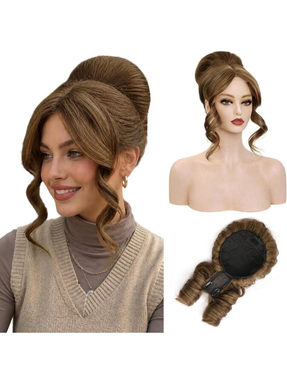 Light Brown Updo Wig with Bangs | Messy Bun Hair Piece for Effortless Style
